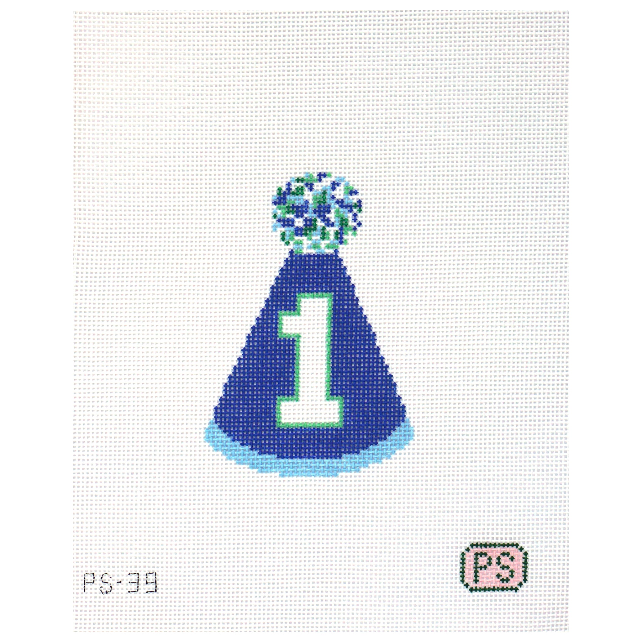 Needlepoint canvas of a Blue party hat with number '1' and confetti on a white background