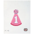 Needlepoint canvas of a Pink party hat with number '1' and pom-pom on a white background