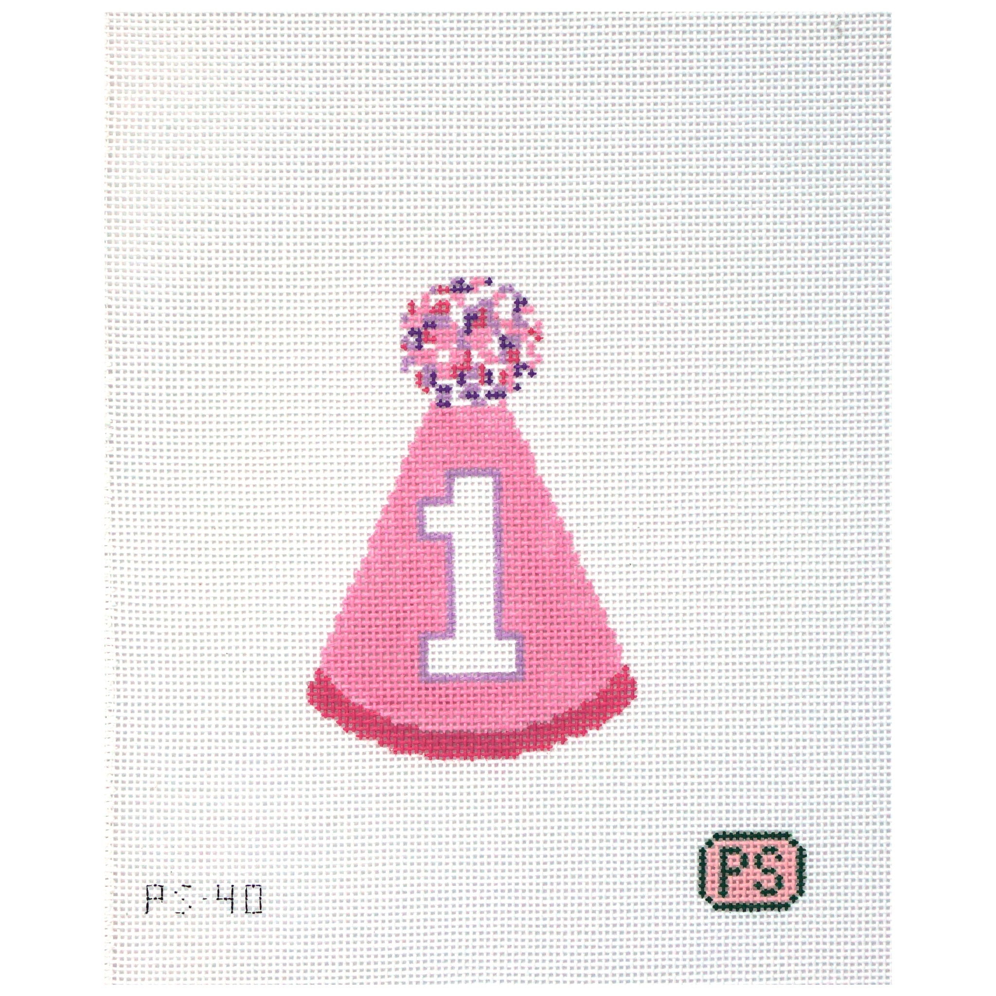 Needlepoint canvas of a Pink party hat with number '1' and pom-pom on a white background
