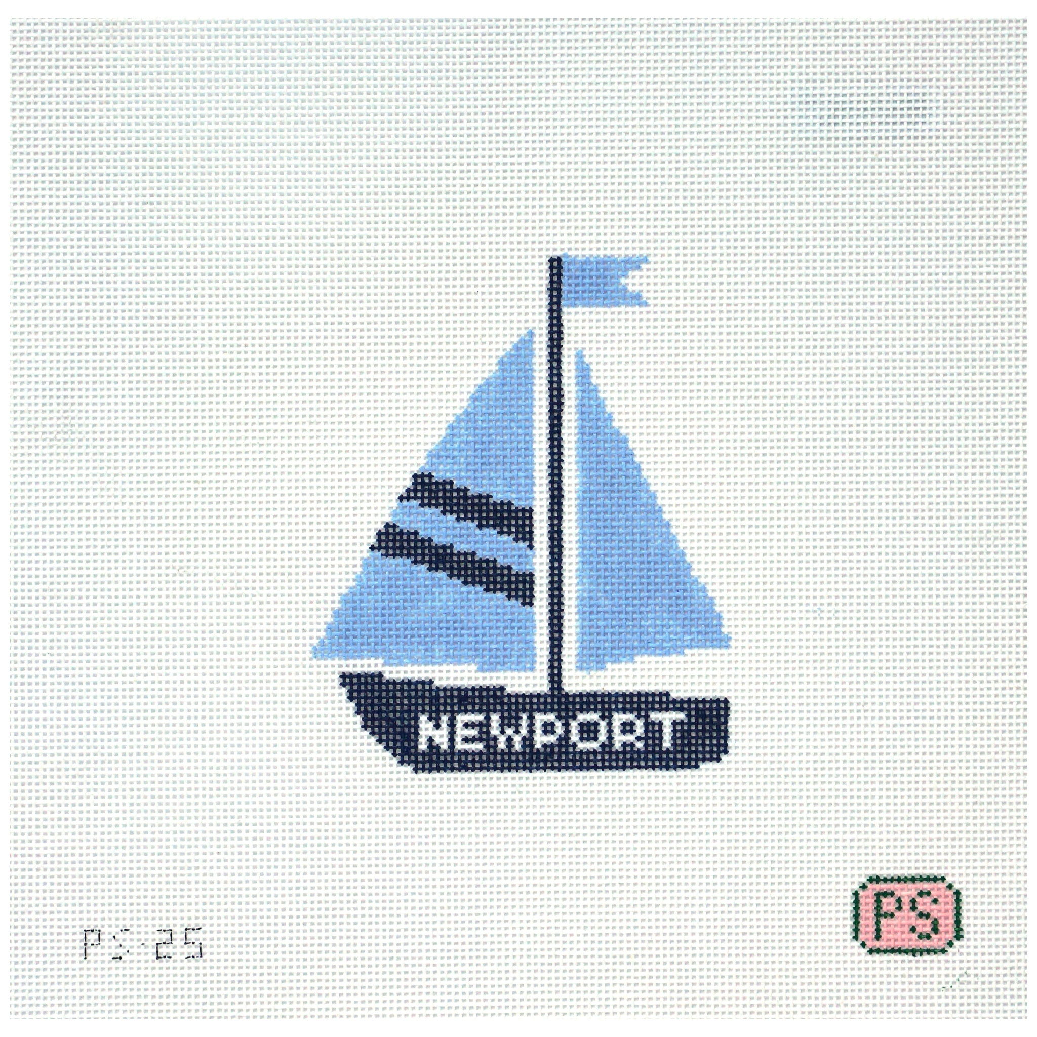 Needlepoint canvas Sailboat design with 'Newport' text on a white background