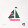 Needlepoint canvas sailboat design with 'Palm Beach' text on a white background