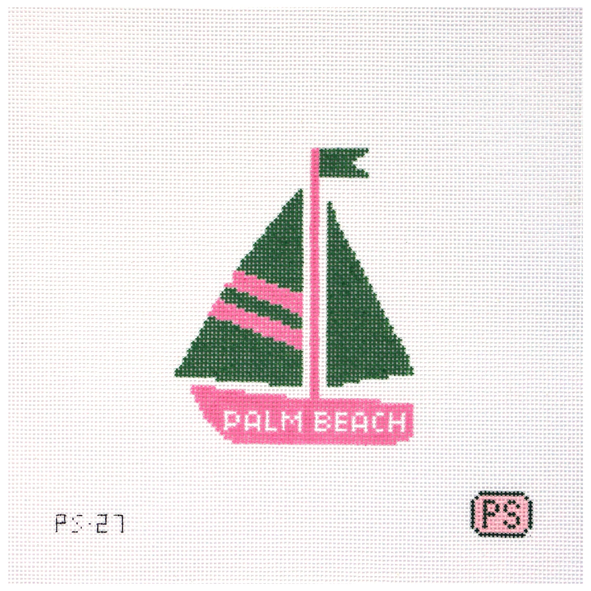Needlepoint canvas sailboat design with 'Palm Beach' text on a white background