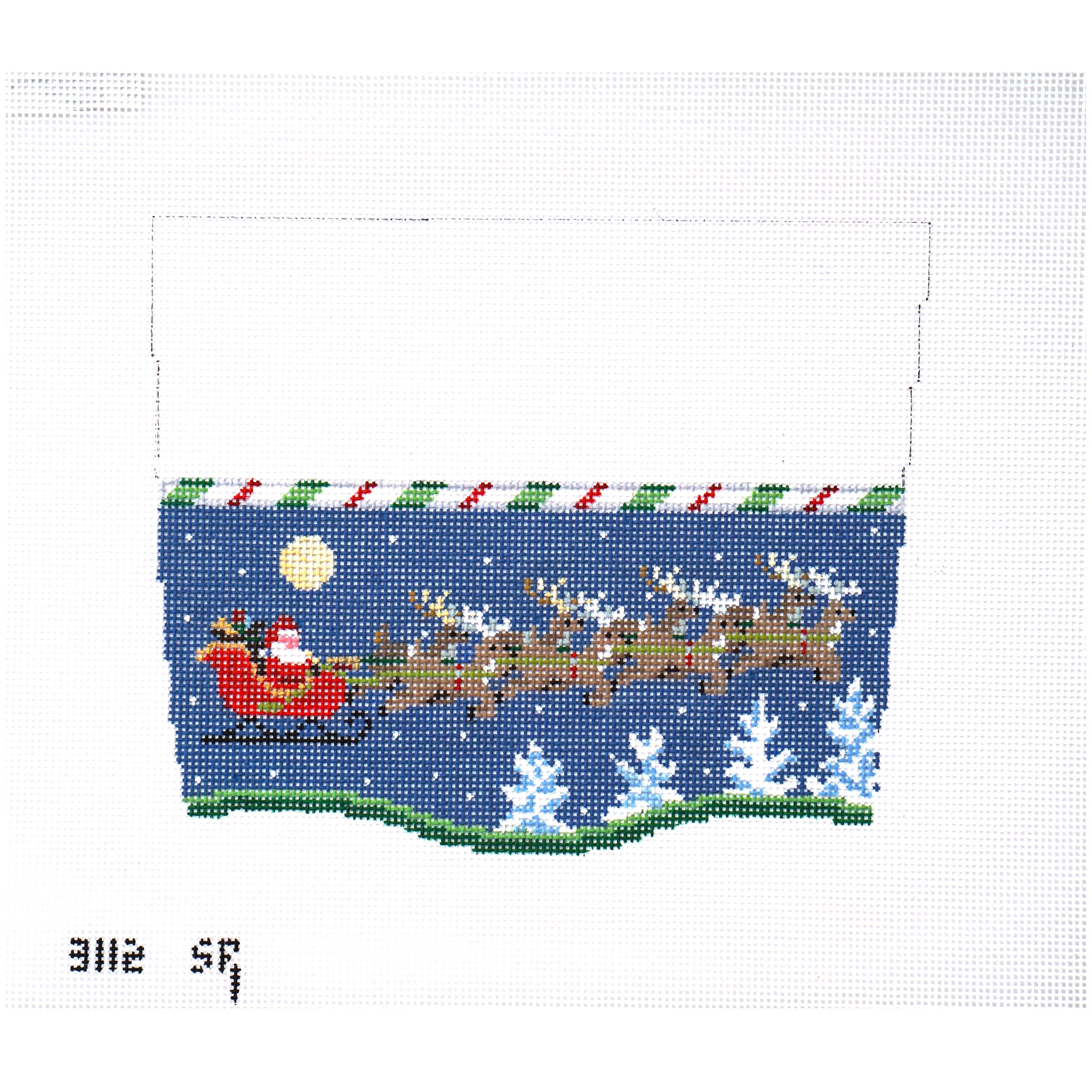 Stocking Cuff, Sleigh & 8 Reindeer at Night